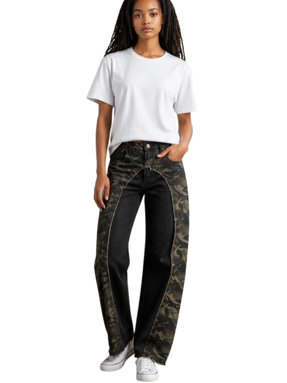 Camo-Panel Wide Leg Jeans in Black & Green